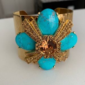 Tory Burch Turquoise Gold tone Flower and Gemstone wide Cuff bracelet